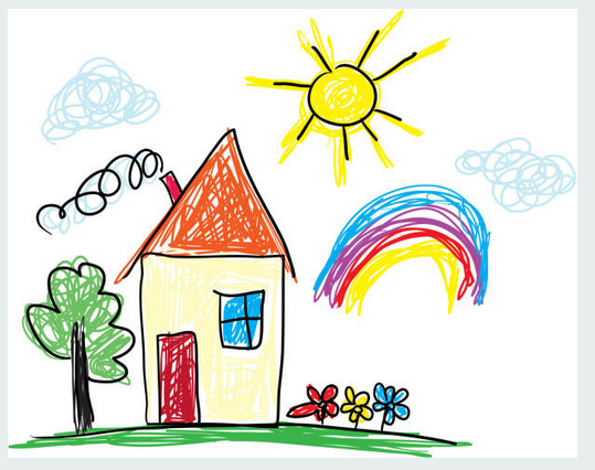 Kinderzeichnung eines Hauses mit Sonne, Baum, Blumen und Regenbogen