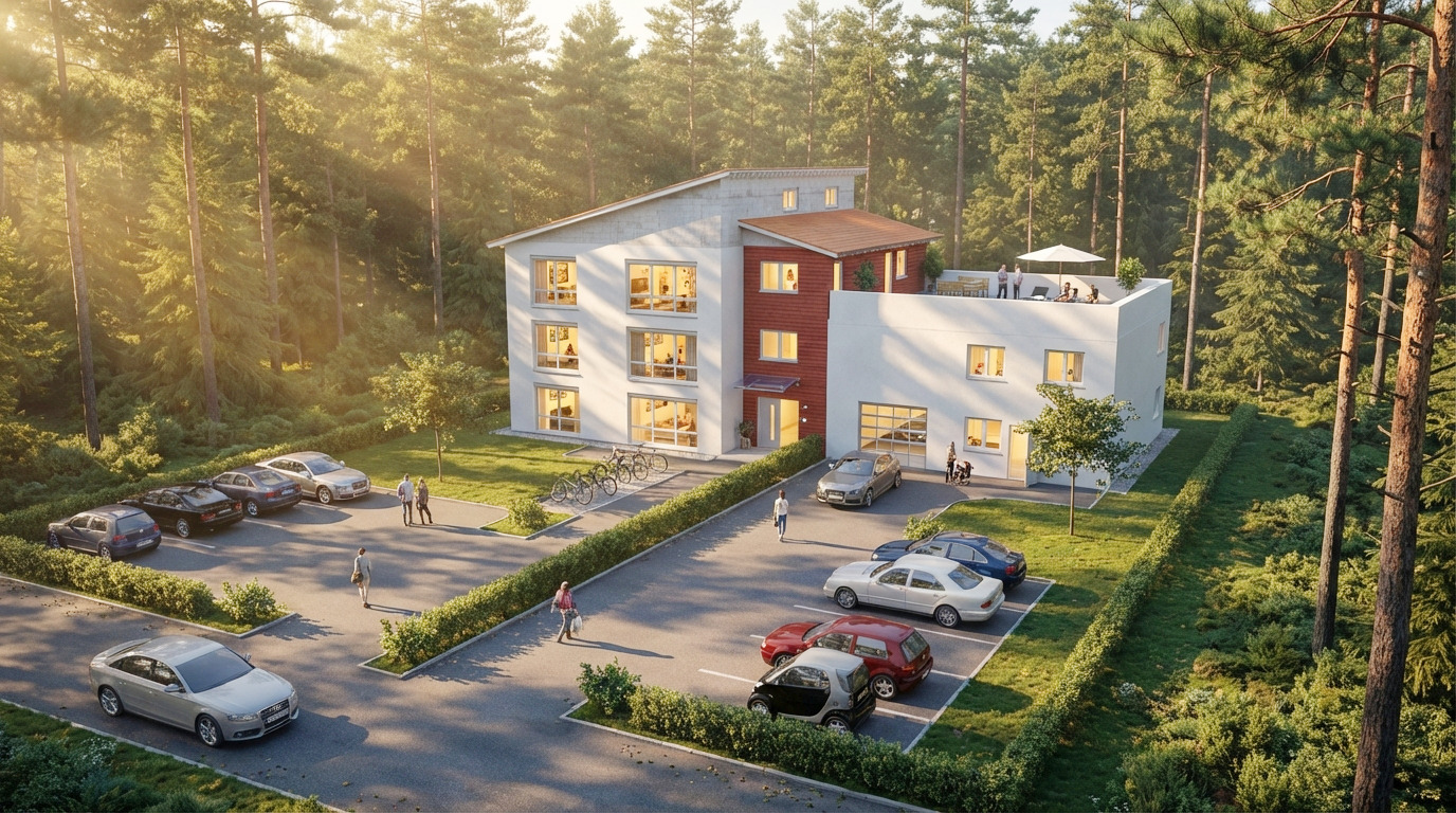 Visualisierung des Wohn-, Büro- und Werkstattgebäudes im Wald