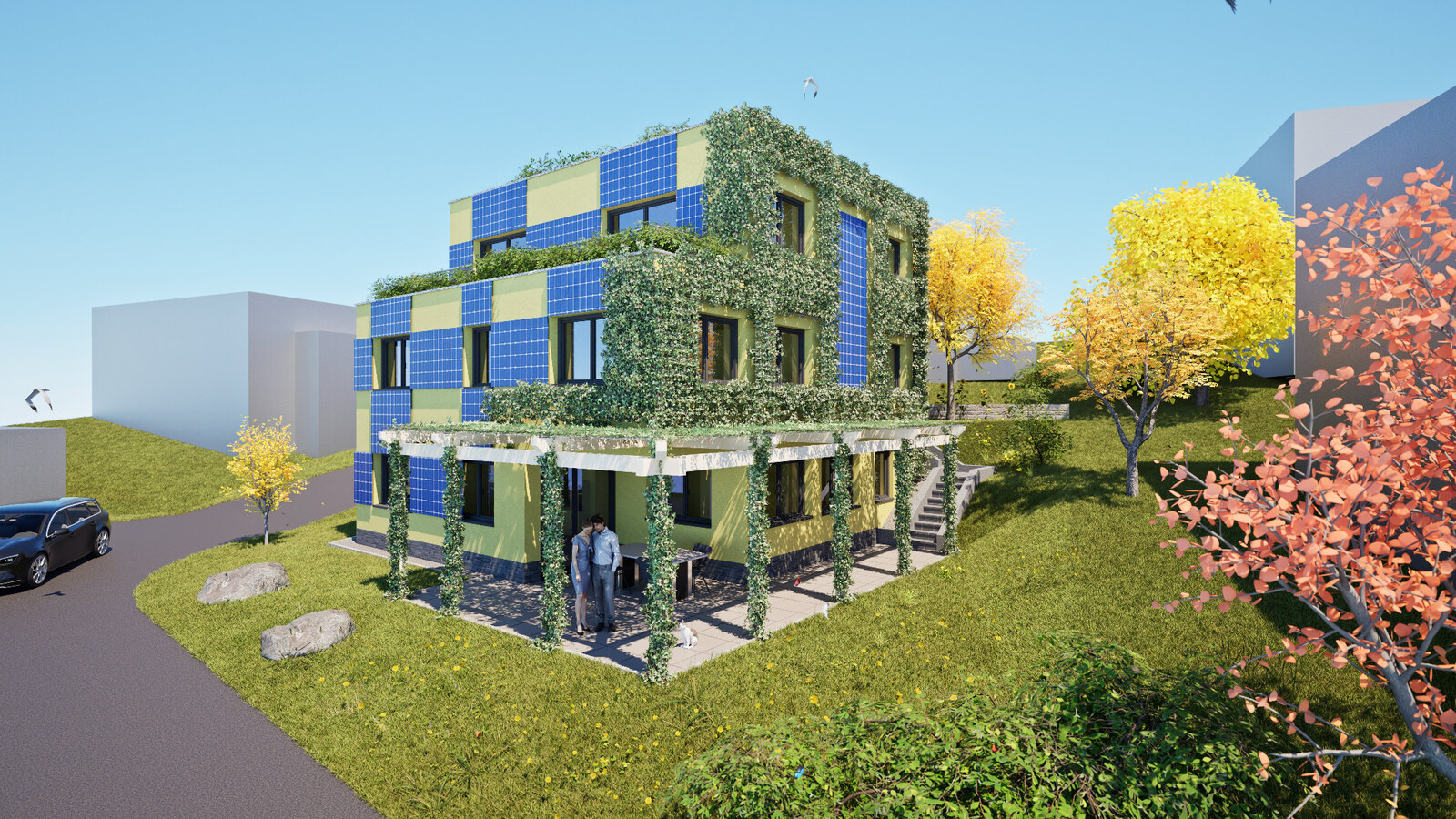 Gartenansicht · PV und Fassadenbegrünung