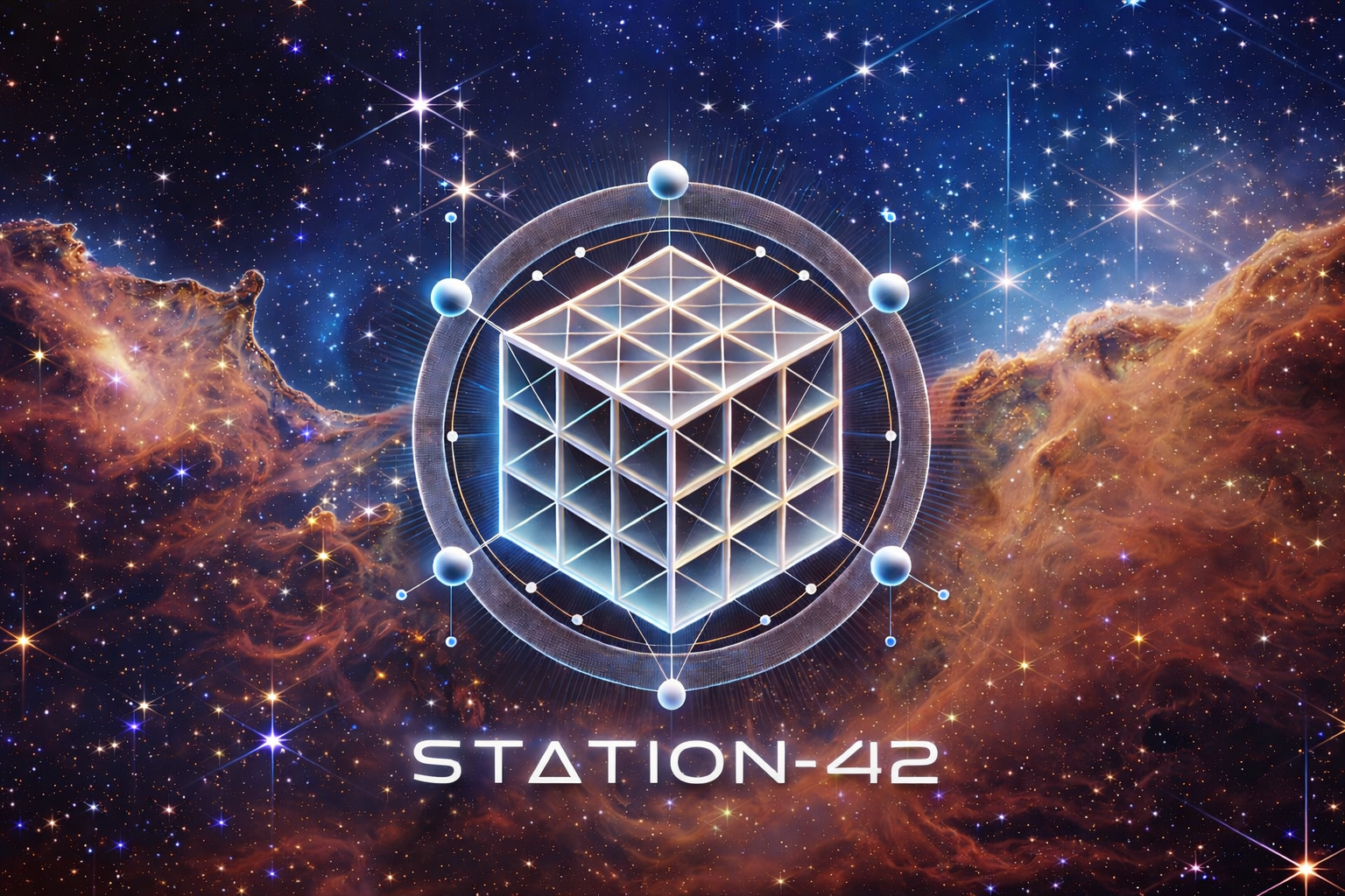 Geometrischer Würfel in einem kosmischen Sternenfeld